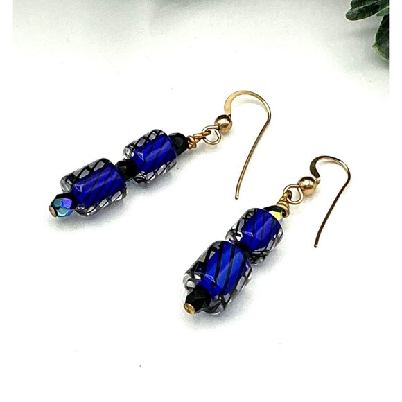 Handmade Blue and Black Glass Beaded Dangle Earrings With Gold tone Hooks - Picture 1 of 2